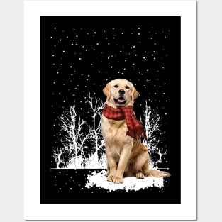 Christmas Golden Retriever With Scarf In Winter Forest Posters and Art